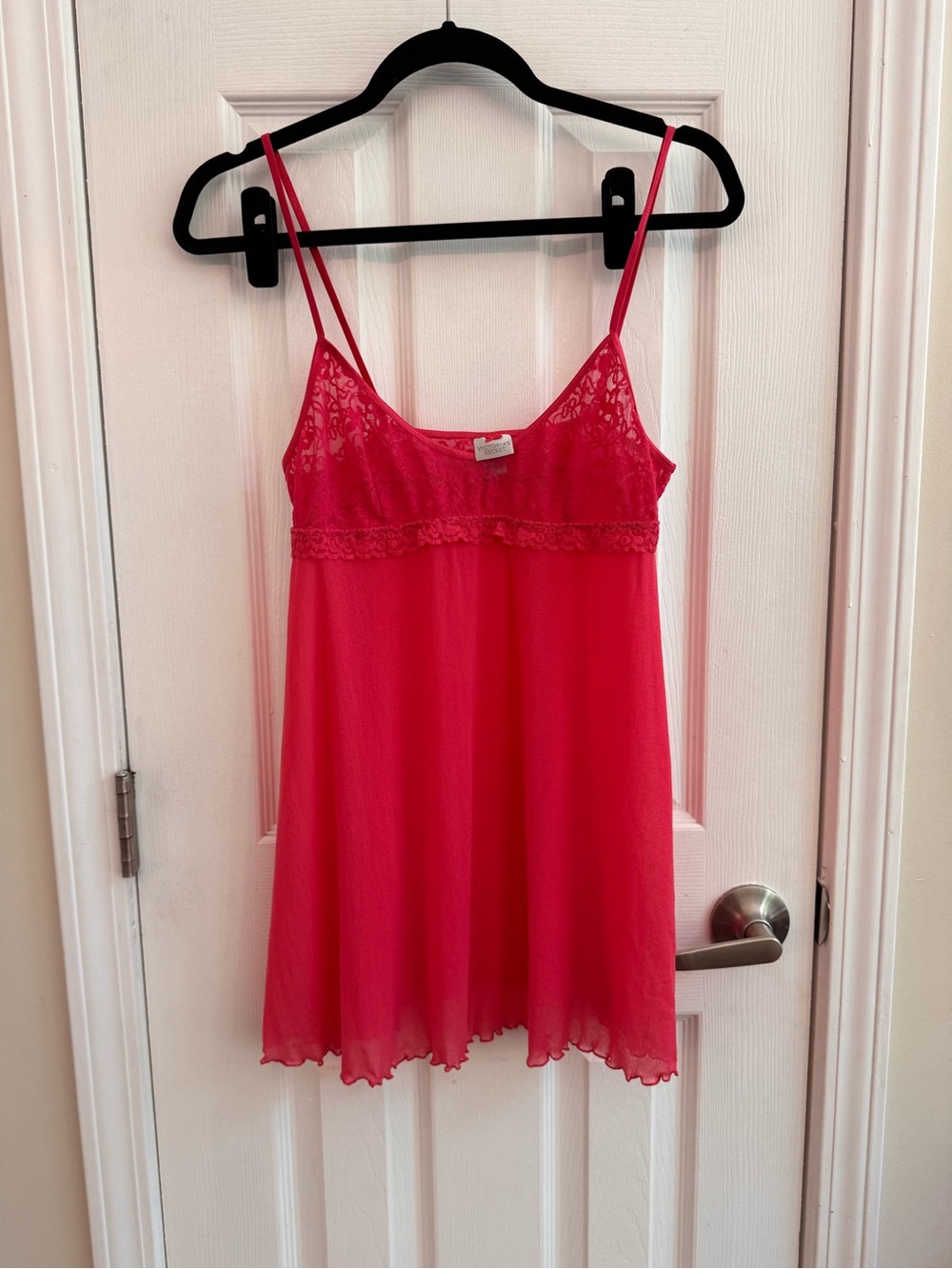 VICTORIA’S SECRET Hot Pink Sheer & Lace Babydoll Nightie Slip Dress Size Large